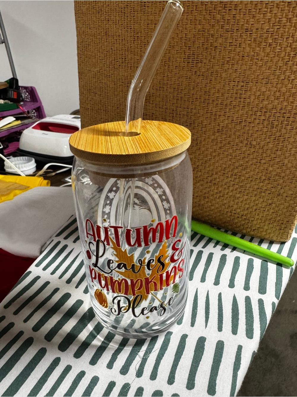 Autumn Leaves & Pumpkins Glass Tumbler with Bamboo Lid